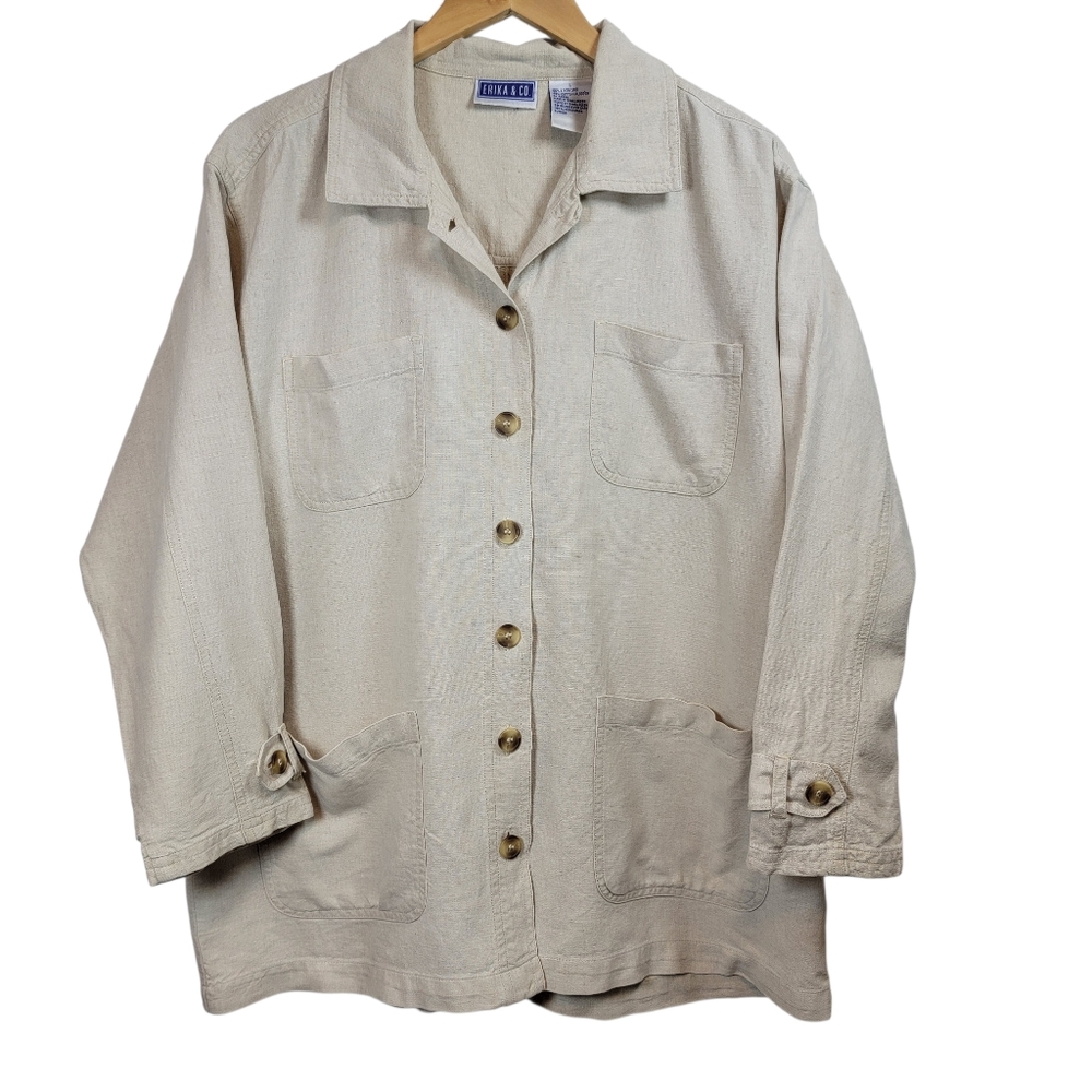 Erika & Co Linen Blend Shacket Jacket Sz L Coastal Grandma Natural Button Up